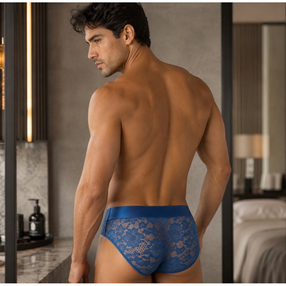 Cosabella Mens Never Say Never Curvy Floral Lace Brief Blue Low Rise Underwear